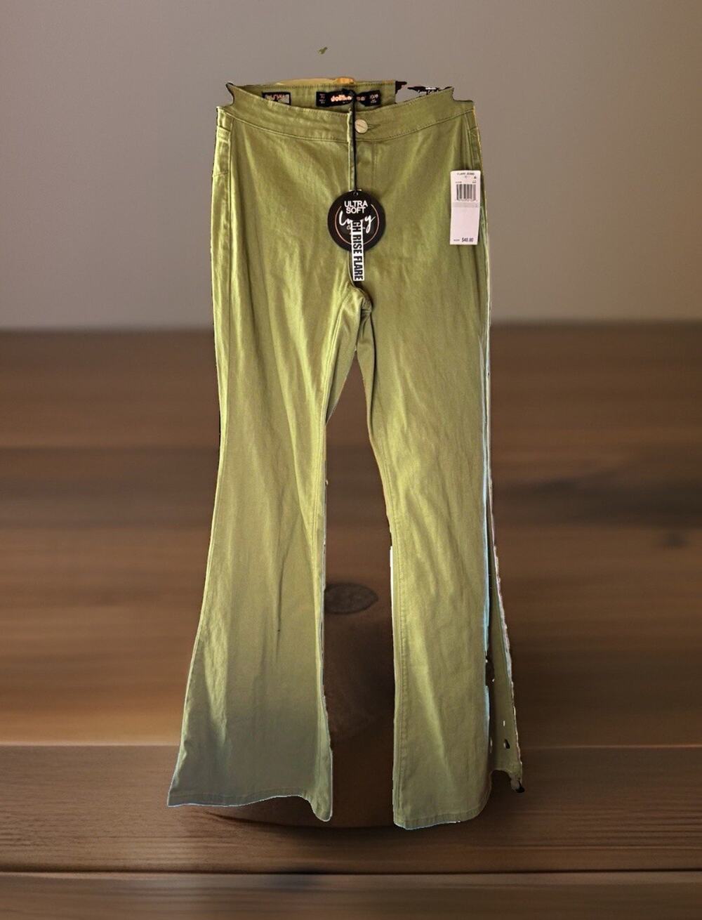 Dollhouse Women's Green Stretch Flare Denim Pants Pockets Size 0 Inseam 33
